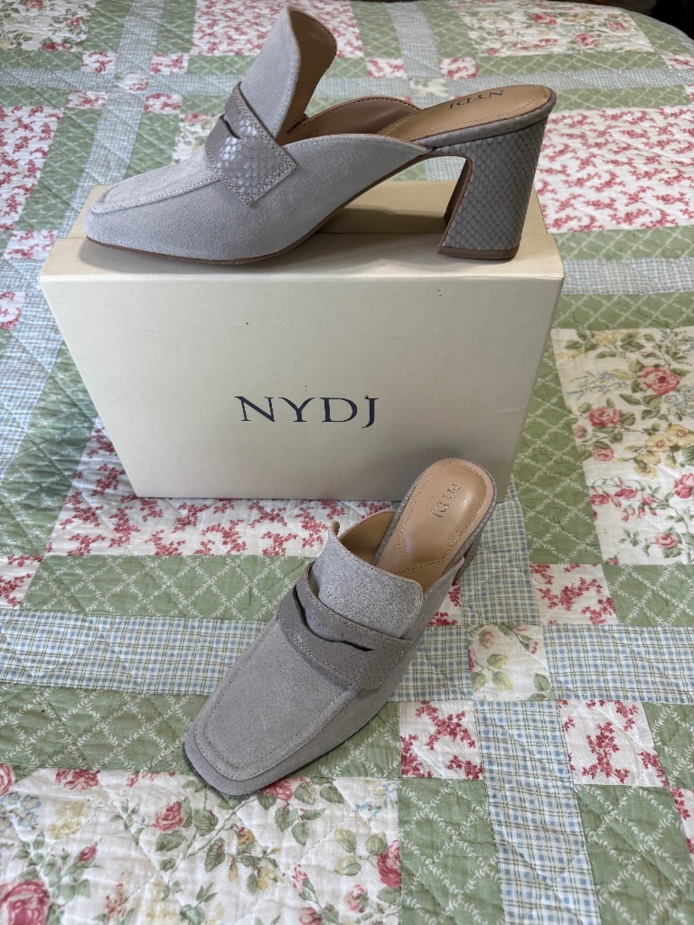 NYDJ Clarks Grey Suede w, faux Snake Skin heel and strap mule, slip on